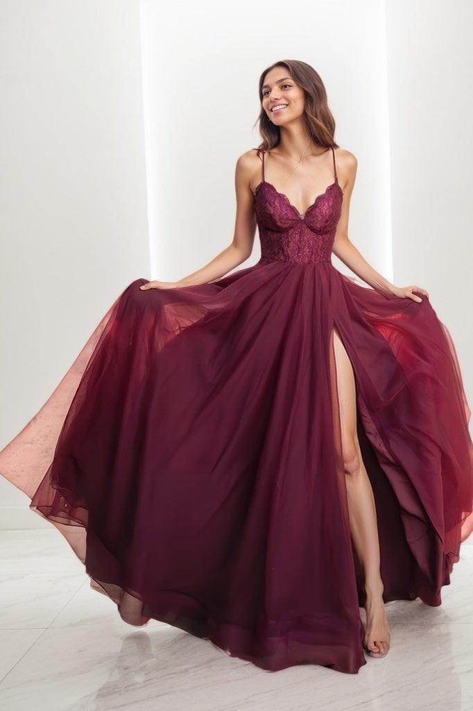 V-Neck Lace Corset High Split Sweep Train Prom Dresses CS0805 - COCOMELODY